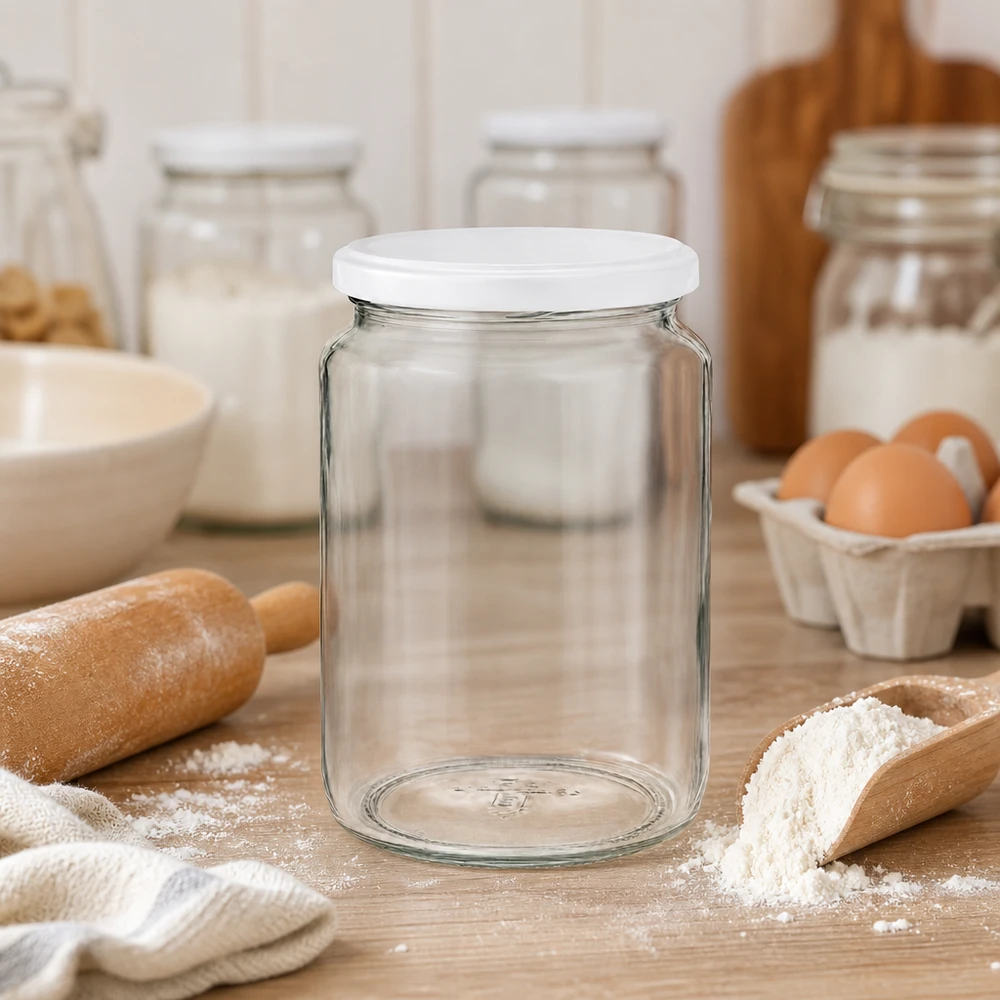 Pot rond de 795 ml UNiTWIST dans une scène de cuisine avec des ingrédients de pâtisserie montre une utilisation polyvalente comme pot de stockage pour la farine