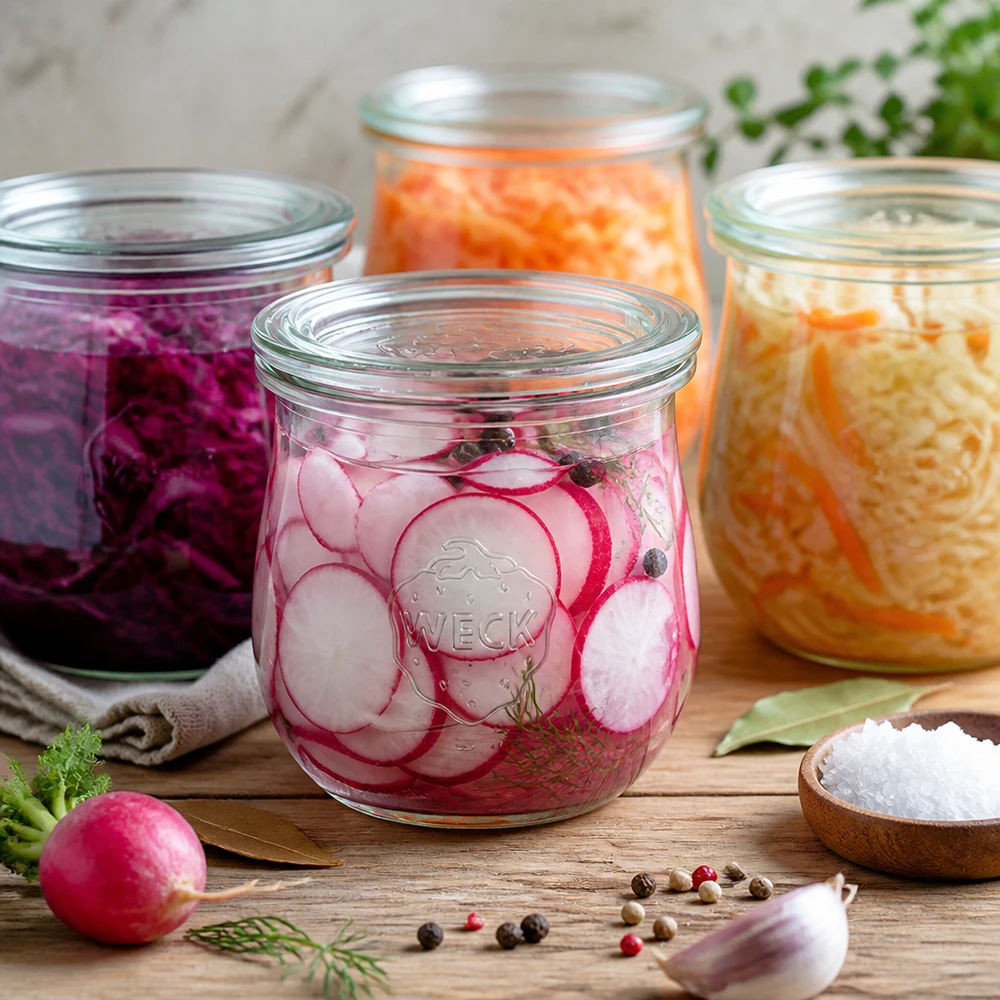 WECK Pot tulipe 370ml RR80 avec radis marinés et légumes fermentés sur table en bois avec épices