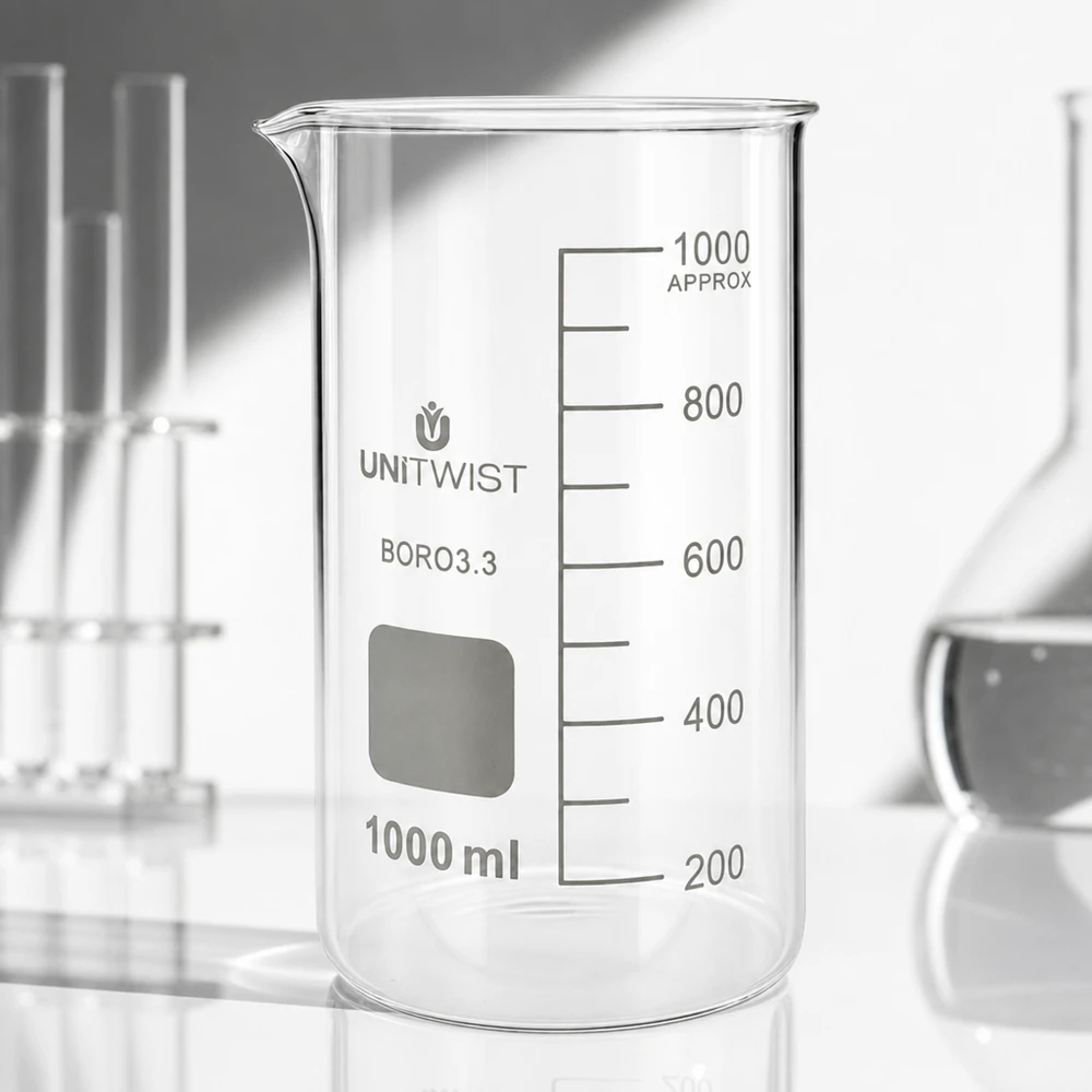 Verre à bec haut de 1 000 ml UNITWIST Boro 3.3 avec zone d'inscription et échelle de mesure précise