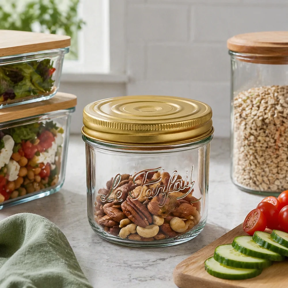 Le Parfait® Familia Wiss 350 g Ø100 mm bocal 415ml Verre à pied Familia Wiss avec couvercle doré rempli de noix sur le plan de travail de la cuisine à côté des légumes