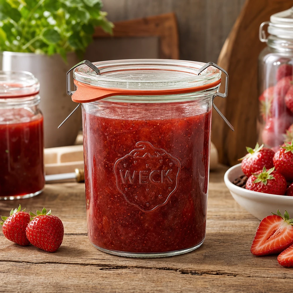 WECK Pot de conserve 160ml rempli de confiture de fraises sur table en bois avec fraises fraîches et ambiance cuisine