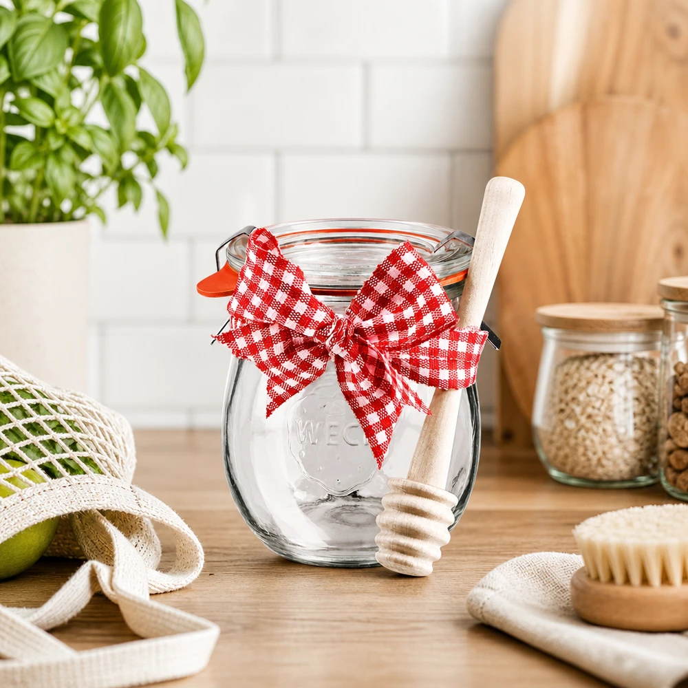 Mini bocal tulipe WECK 220 ml complet avec cuillère à miel et nud WECK Mini-pot tulipe 220ml en cuisine durable avec cuillère à miel en bois, ruban rouge et blanc et accessoires écologiques