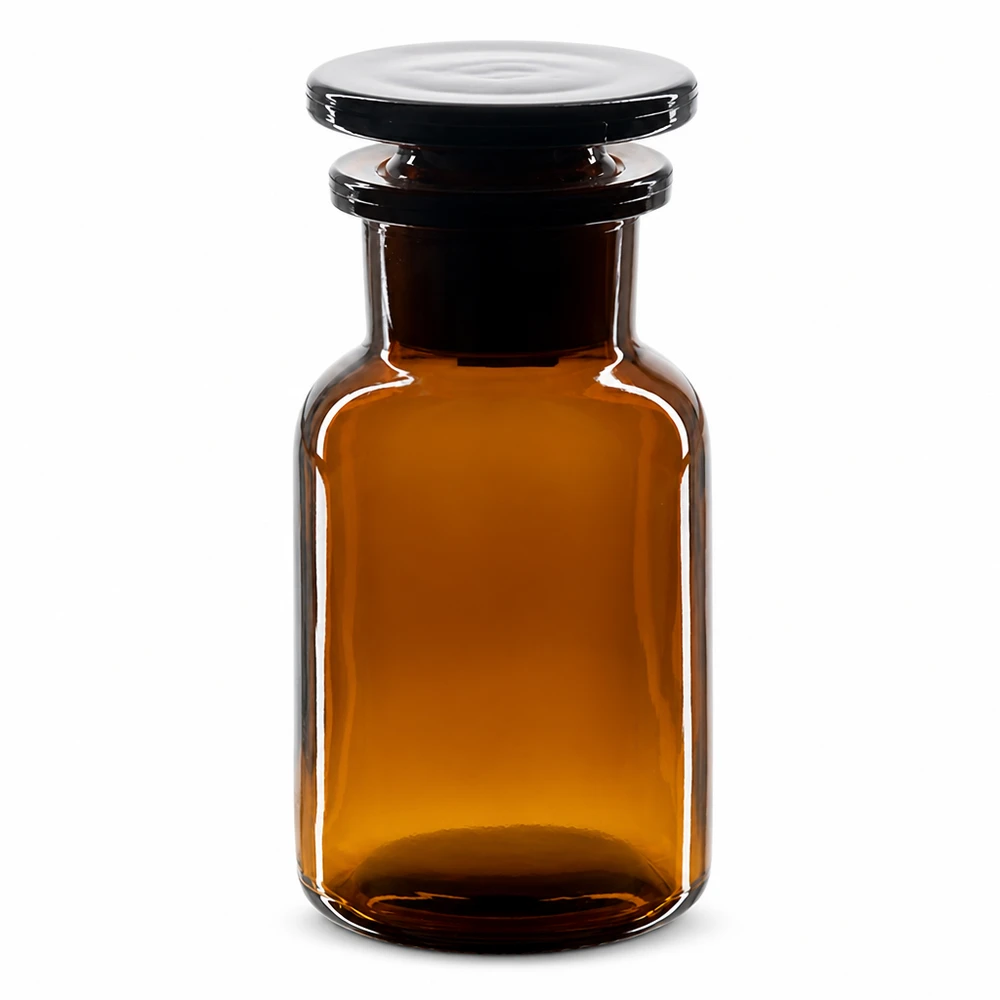 Flacon pharmaceutique 100 ml col large + bouchon verre ambré Flacon de laboratoire brun de 100 ml, à épaulement arrondi et à col large, muni d'un bouchon en verre hermétique