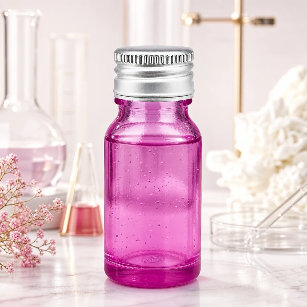 Flacon en verre violet de 10 ml avec protection UV et bouchon en aluminium argenté pour les substances sensibles à la lumière