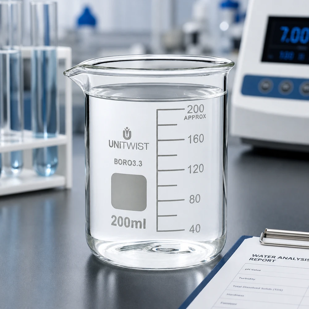 Bécher 200ml borosilicate, forme basse UNiTWIST Verre à bec vide UNiTWIST de 200 ml en borosilicate posé sur un plan de travail en acier inoxydable dans le laboratoire d'analyse de l'eau
