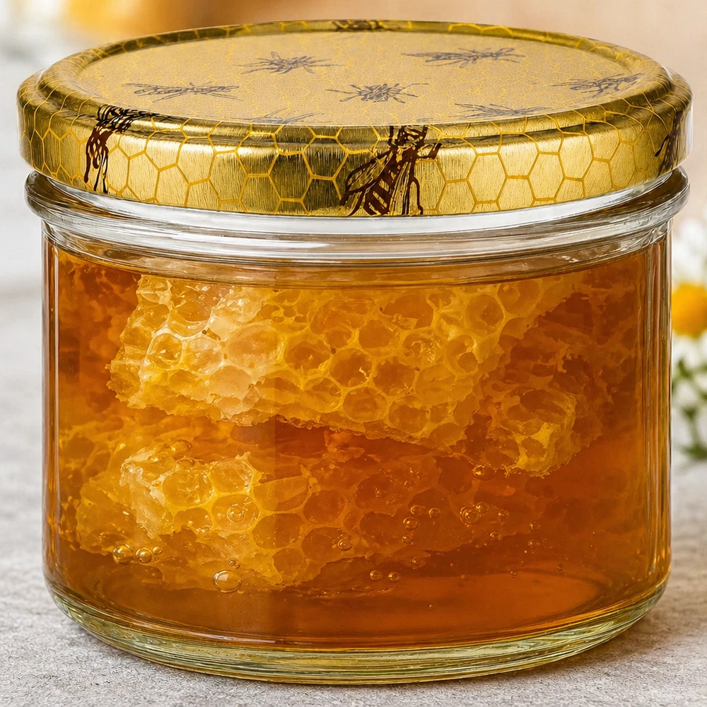 Pot à miel 250 g avec couvercle motif rayon de miel BasicSeal UNiTWIST 250g Honigglas gefüllt mit echter Bienenwabe im goldenen Honig zeigt natürliche Qualität und authentische Imkereiprodukt