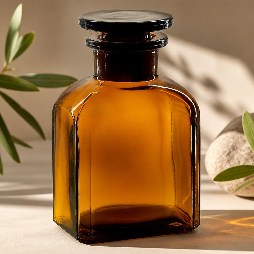 Flacon carré col large 150 ml + bouchon RIN, verre ambré Flacon carré en verre ambré de 150 ml à col large, avec protection UV, idéal pour la conservation de substances sensibles à la lumière