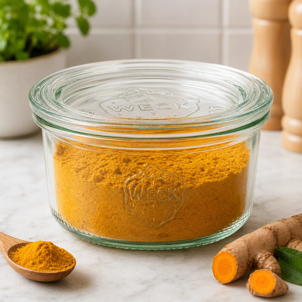 165ml bocal conique avec bouchon en verre WECK RR80 WECK Pot renversé 165ml RR80 rempli de poudre de curcuma à côté de racines de curcuma fraîches pour la conservation des épices