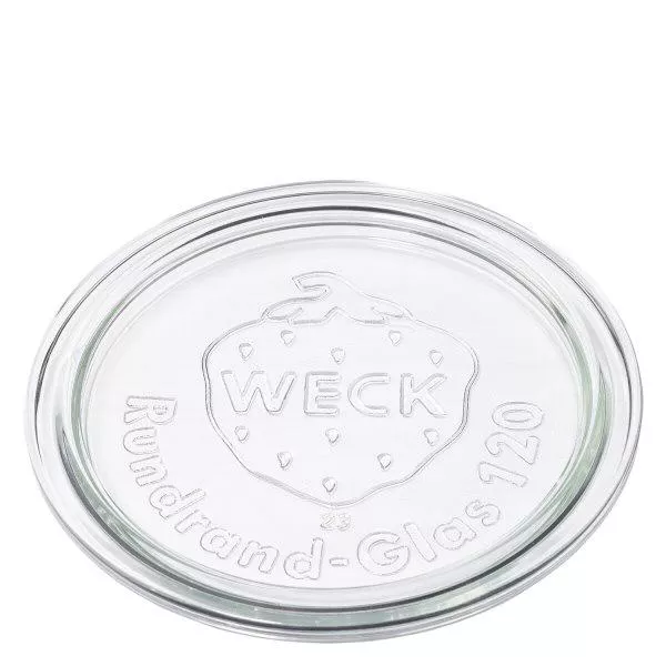 WECK Couvercle en verre RR120 en verre transparent avec le logo WECK en relief et l'inscription verre à bord rond 120