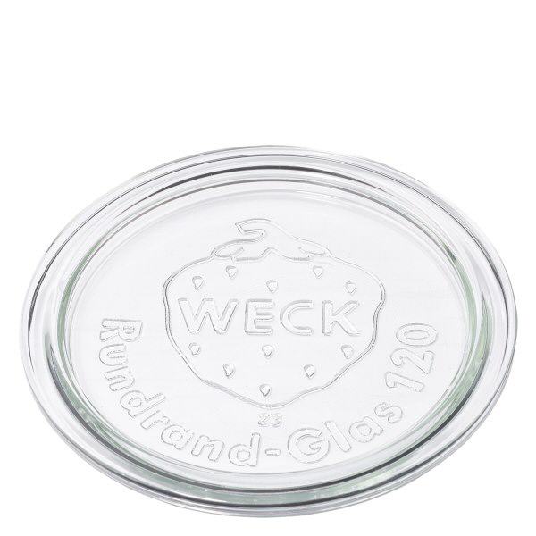 Couvercle en verre WECK RR120 WECK Couvercle en verre RR120 en verre transparent avec le logo WECK en relief et l'inscription verre à bord rond 120