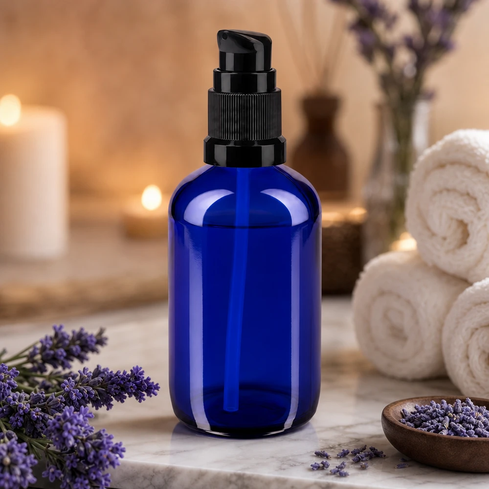 Flacon en verre d'apothicaire bleu de 100 ml avec pompe doseuse, entouré de fleurs de lavande et de bougies
