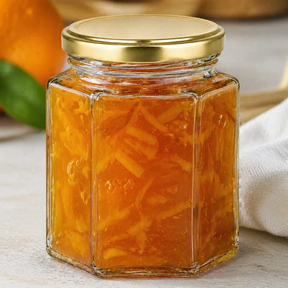 250g pot de miel BasicSeal rempli de marmelade d'orange couvercle doré sur surface blanche conservation des confitures