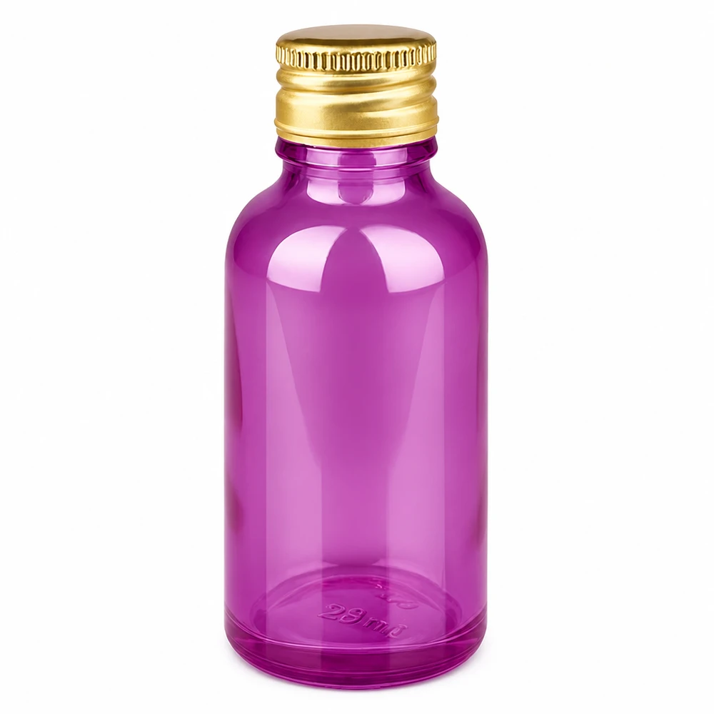 Flacon 30ml bouchon à visser 11mm alu-or standard PurpleLine. UT18/30 Bouteille en verre de haute qualité avec bouchon alu-or en violet vif pour les produits de beauté
