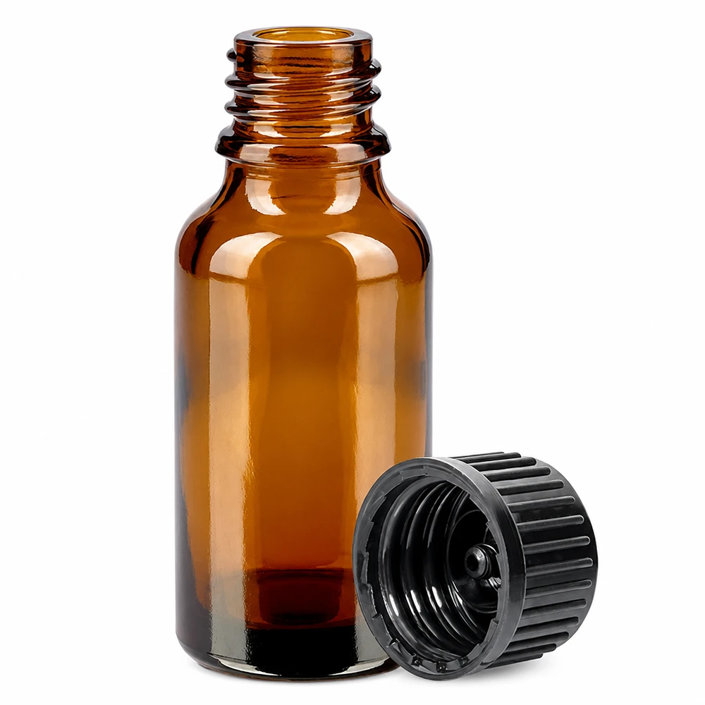 Flacon 20ml 11mm SV noir STD BrownLine UT18/20 Flacon doseur précis de 20 ml en verre brun avec bouchon noir antidérapant pour les applications en laboratoire