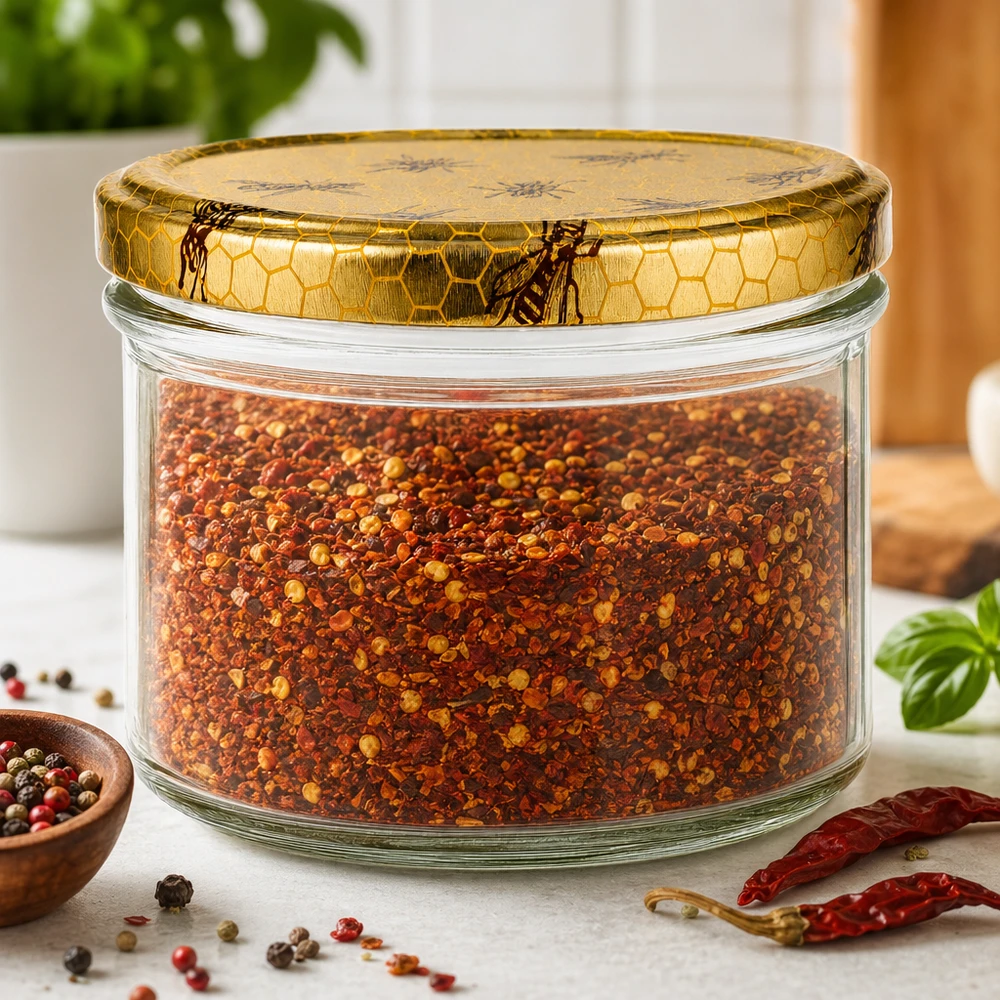 Pot de miel de 250 g avec couvercle en nid d'abeille rempli d'épices en plus des grains de poivre et des piments séchés