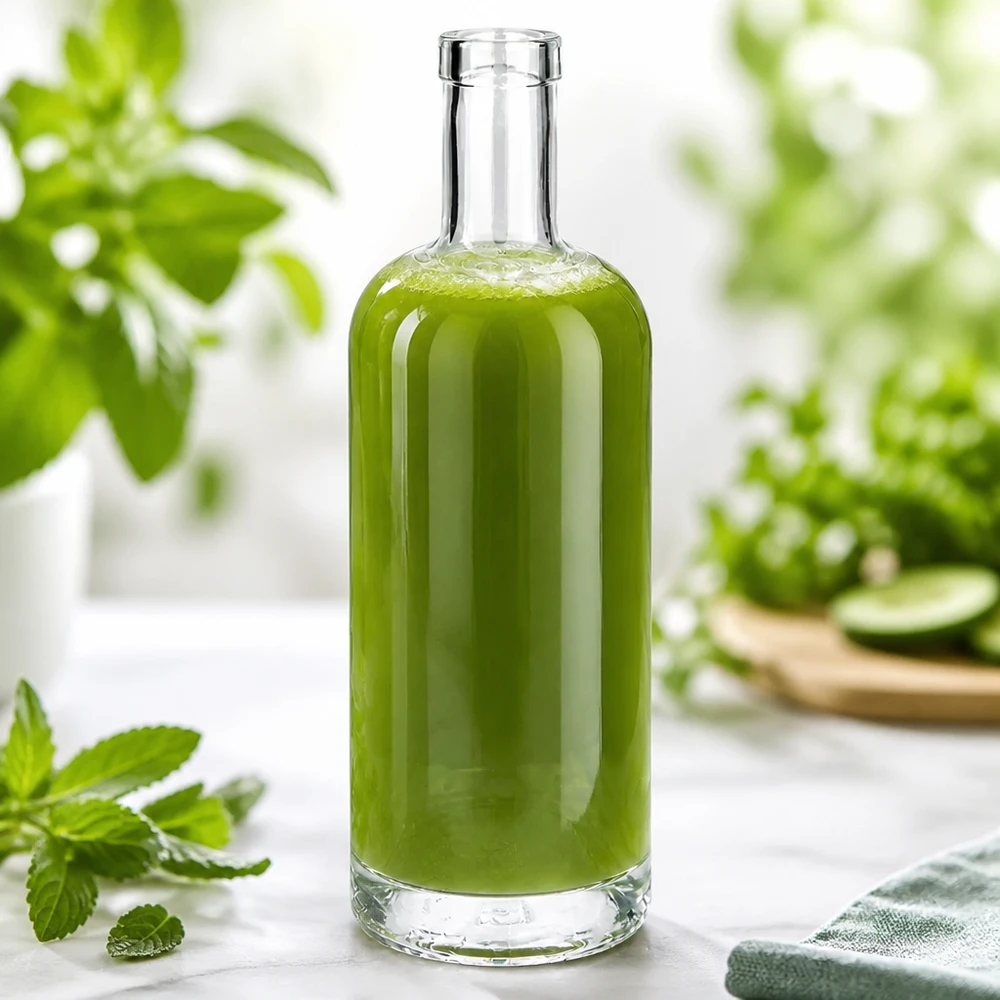 Bouteille en verre Emma 750ml remplie de vert dans un environnement naturel décoré de menthe et de plantes