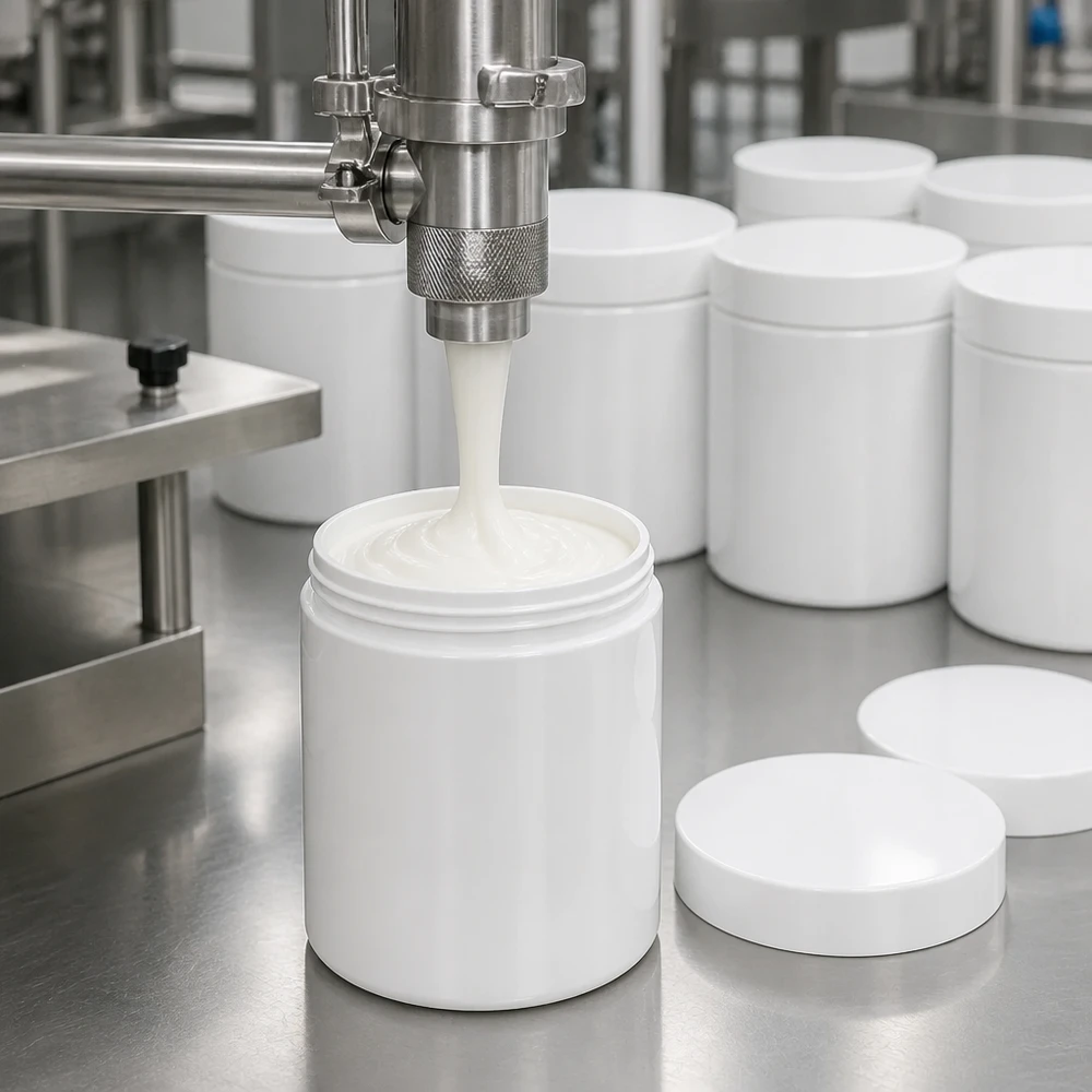 Pot à pommade de 300 g en plastique blanc (PP) lors du remplissage mécanique avec une pâte blanche onctueuse