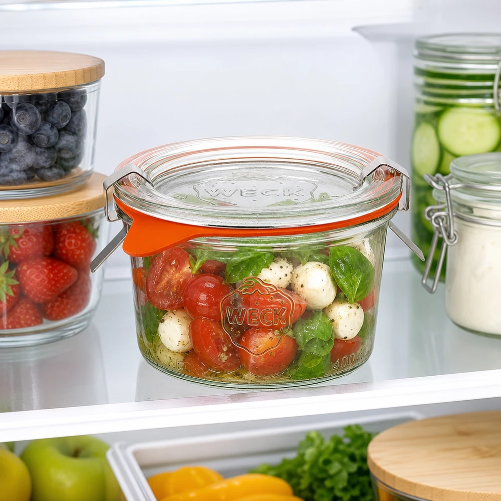 200ml bocal conique complet WECK RR80 WECK Pot renversé 200ml RR80 dans le réfrigérateur rempli de salade Caprese à côté d'autres bocaux de stockage avec des baies