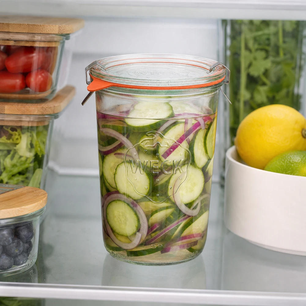 WECK RR100 Pot renversé 850ml dans le réfrigérateur avec cornichons et oignons marinés pour une conservation optimale des aliments