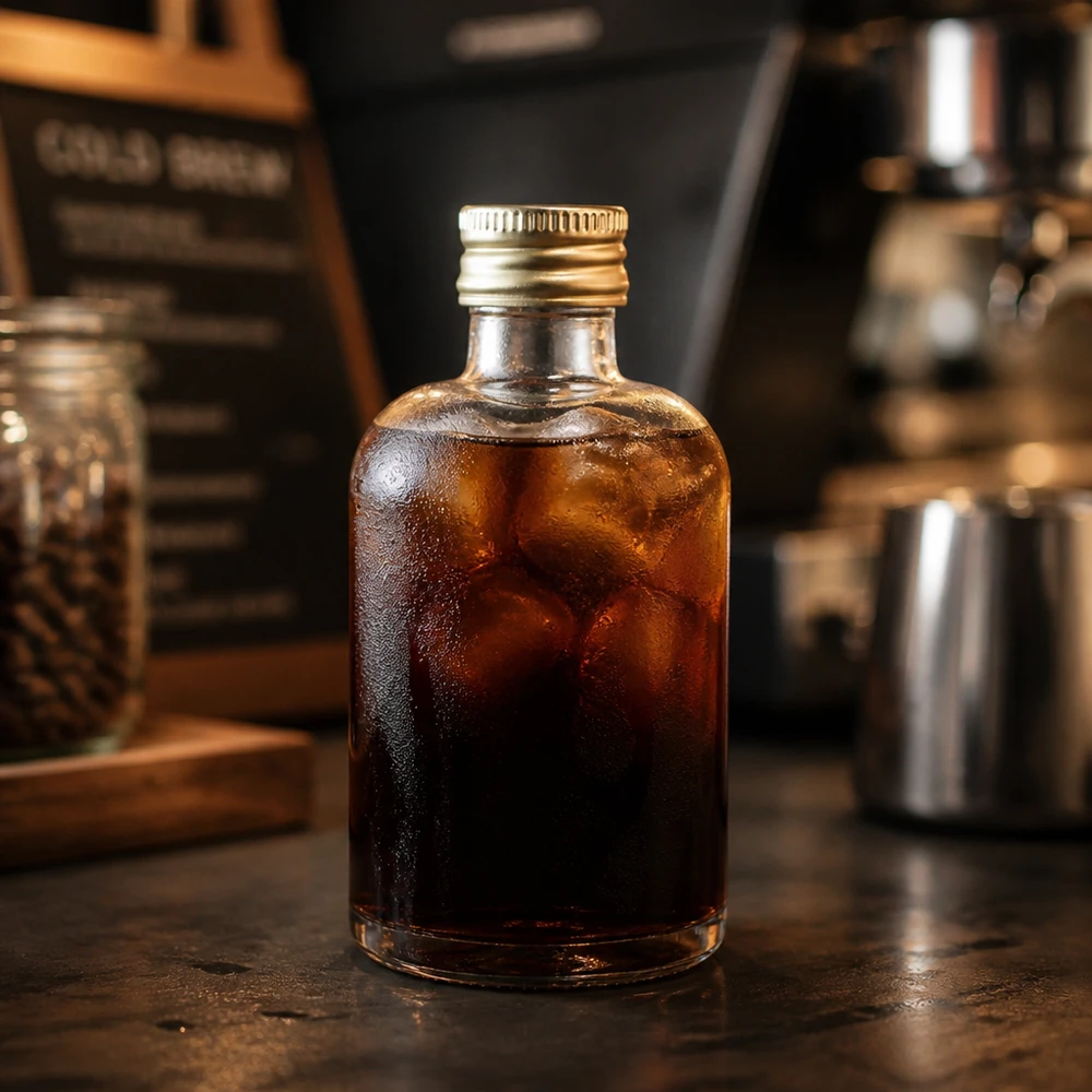 Bouteille en verre 40 ml « Sara » avec bouchon à vis doré UNiTWIST® 40ml Glasflasche Sara mit Cold Brew Kaffee gefüllt - goldener UNiTWIST Verschluss in stylischer Barista-Küche