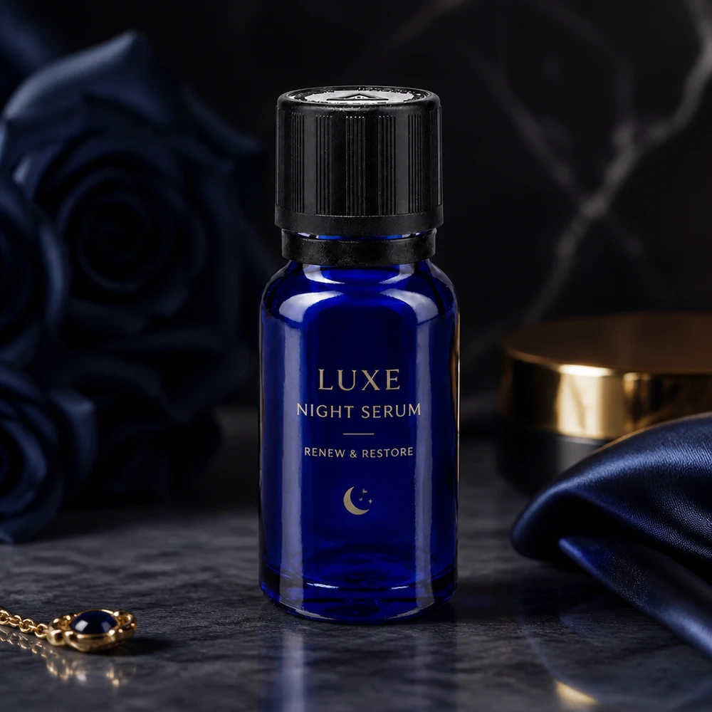 Flacon en verre bleu de 10 ml muni d'un compte-gouttes de 1 mm, entre des roses sombres et un tissu de soie