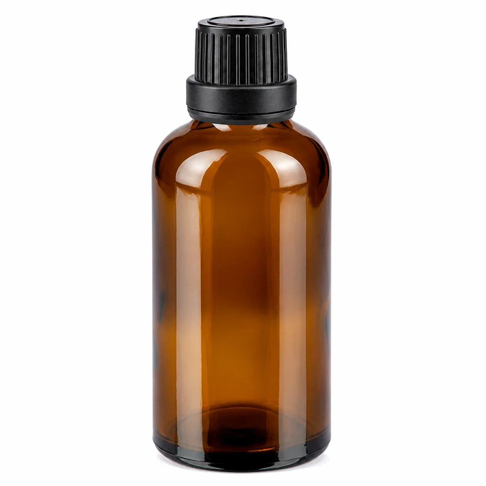 Flacon de pharmacie en verre ambré de 50 ml avec bouchon OV de sécurité enfant de 11 mm, noir