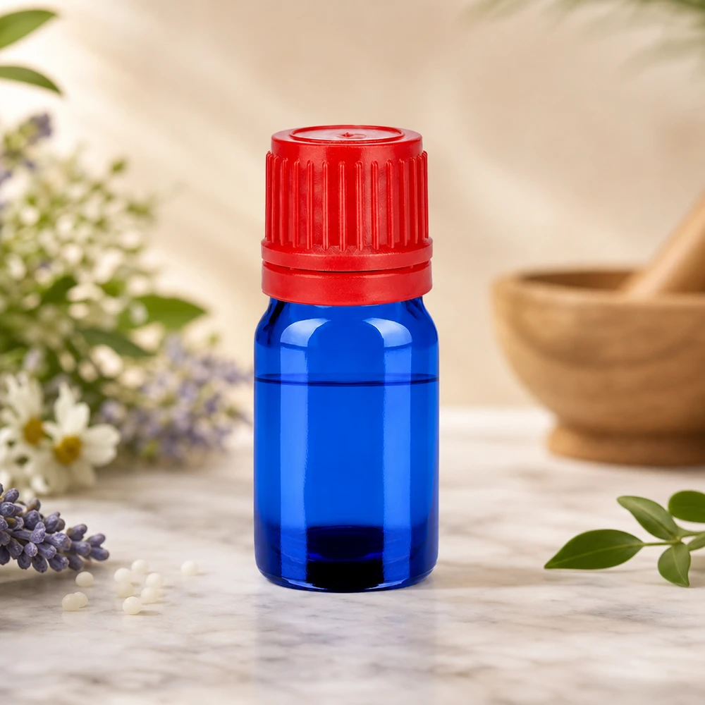 Flacon 5ml 11mm SV rouge OV BlueLine UT18/5 Flacon 5ml pour la cosmétique et la pharmacie en verre bleu avec bouchon rouge BlueLine UT18/5