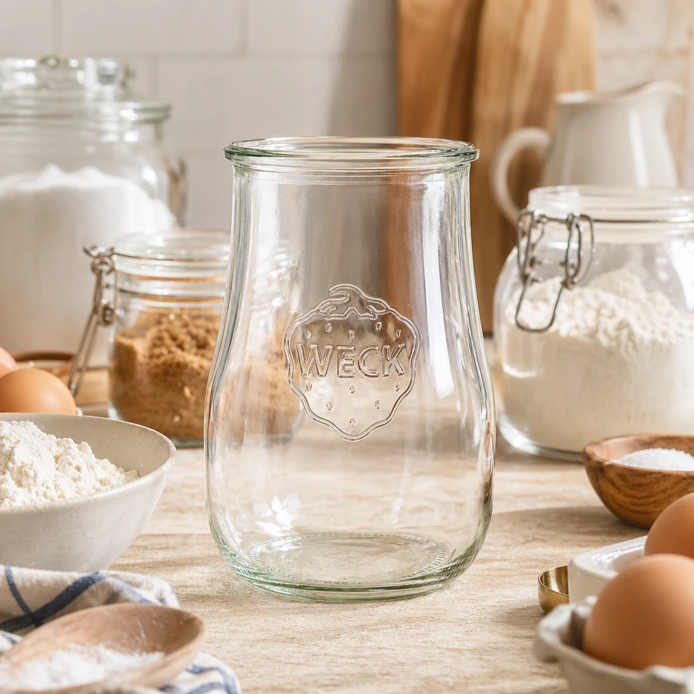 WECK Pot tulipe 1750ml RR100 dans un environnement de cuisine rustique avec des œufs de la farine et des ingrédients de boulangerie pour la conservation des provisions