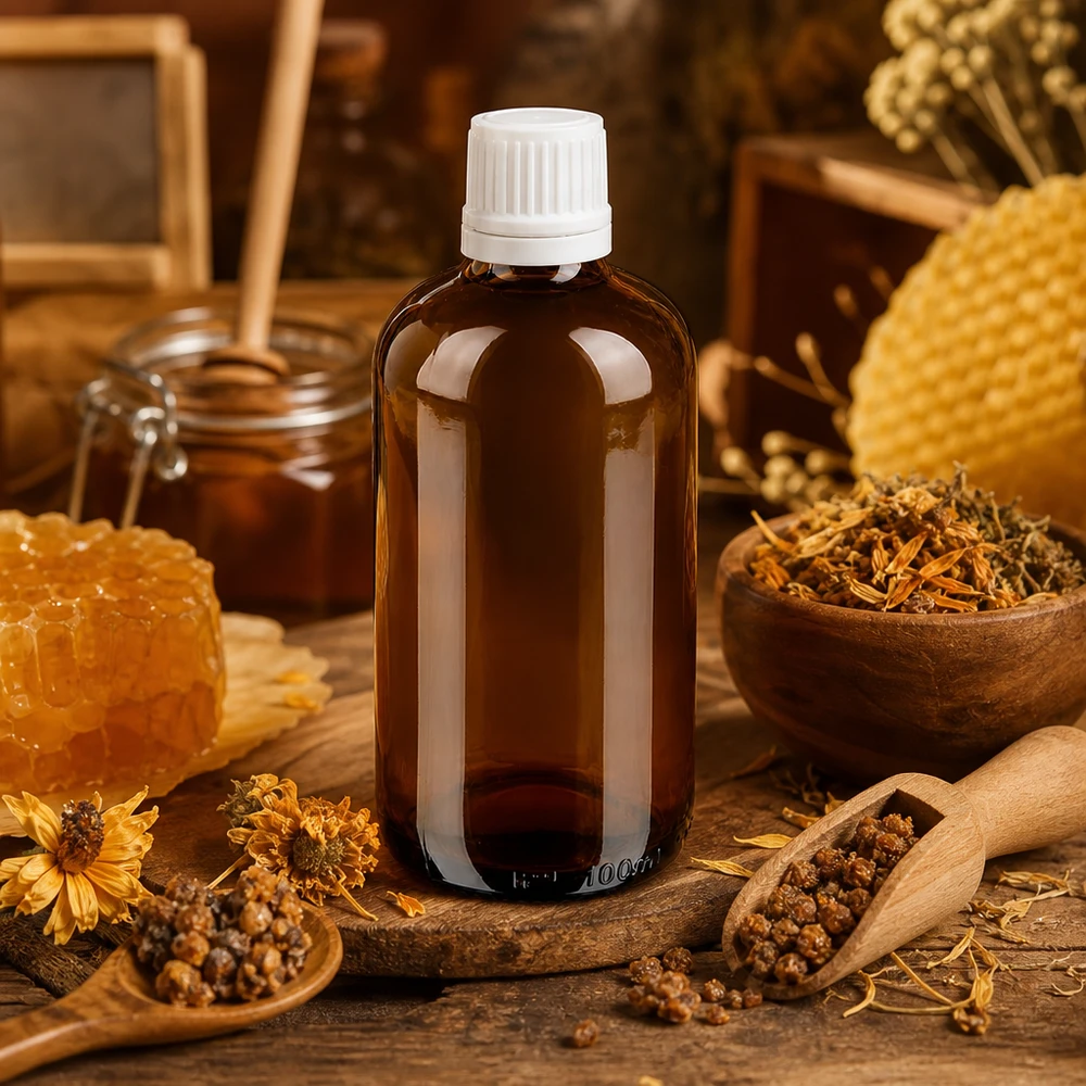 Flacon de pharmacie brun 100ml bouchon vissable blanc bouchon inviolabilité Flacon de pharmacie brun de 100 ml en verre ambré, portant la mention « SV OV » en blanc, entouré de remèdes naturels