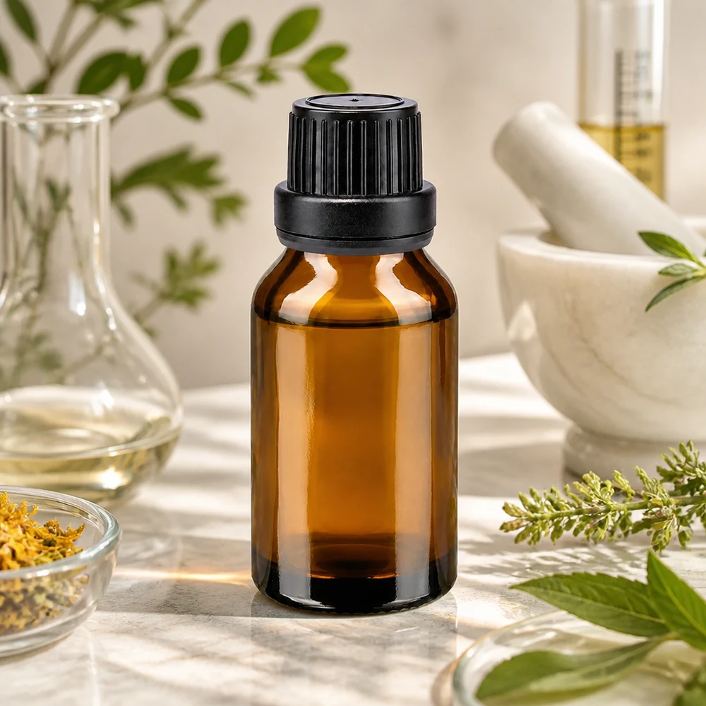 Flacon d'huile essentielle de 15 ml en verre ambré avec bouchon à vis, présenté dans un décor naturel à base de plantes