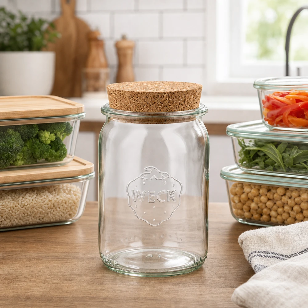 145ml bocal cylindrique WECK RR40 avec bouchon nature WECK 145ml pot cylindrique RR40 avec couvercle en liège dans une cuisine moderne entouré de récipients en verre avec des légumes et des légumineuses