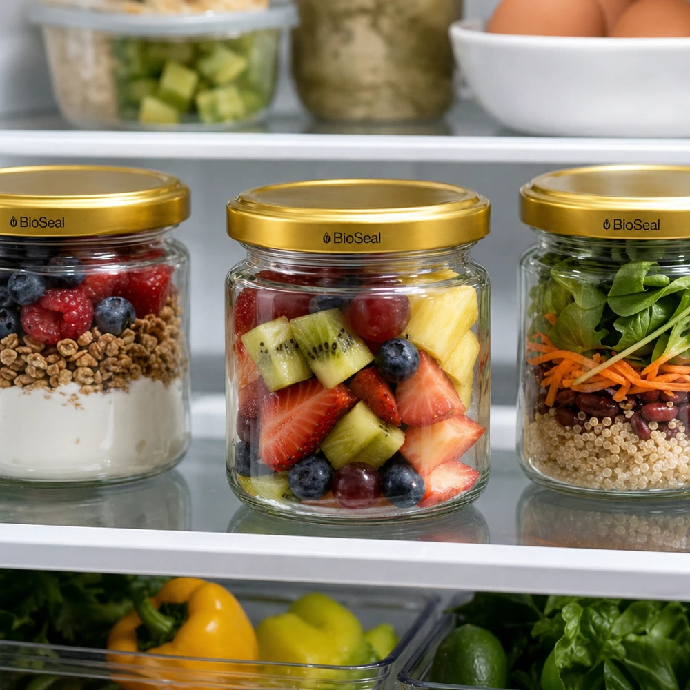 53ml Verre rond avec couvercle BioSeal or UNiTWIST UNiTWIST Runda53 Pots avec couvercle TO43 BioSeal doré dans le réfrigérateur pour Meal Prep avec fruits et salade