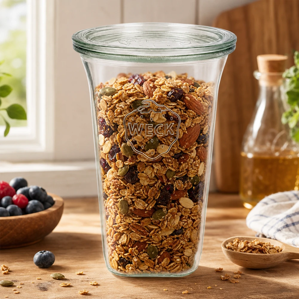 WECK 795ml Quadroglass avec couvercle en verre RR100 rempli de céréales et de noix comme bocal de réserve dans une cuisine moderne
