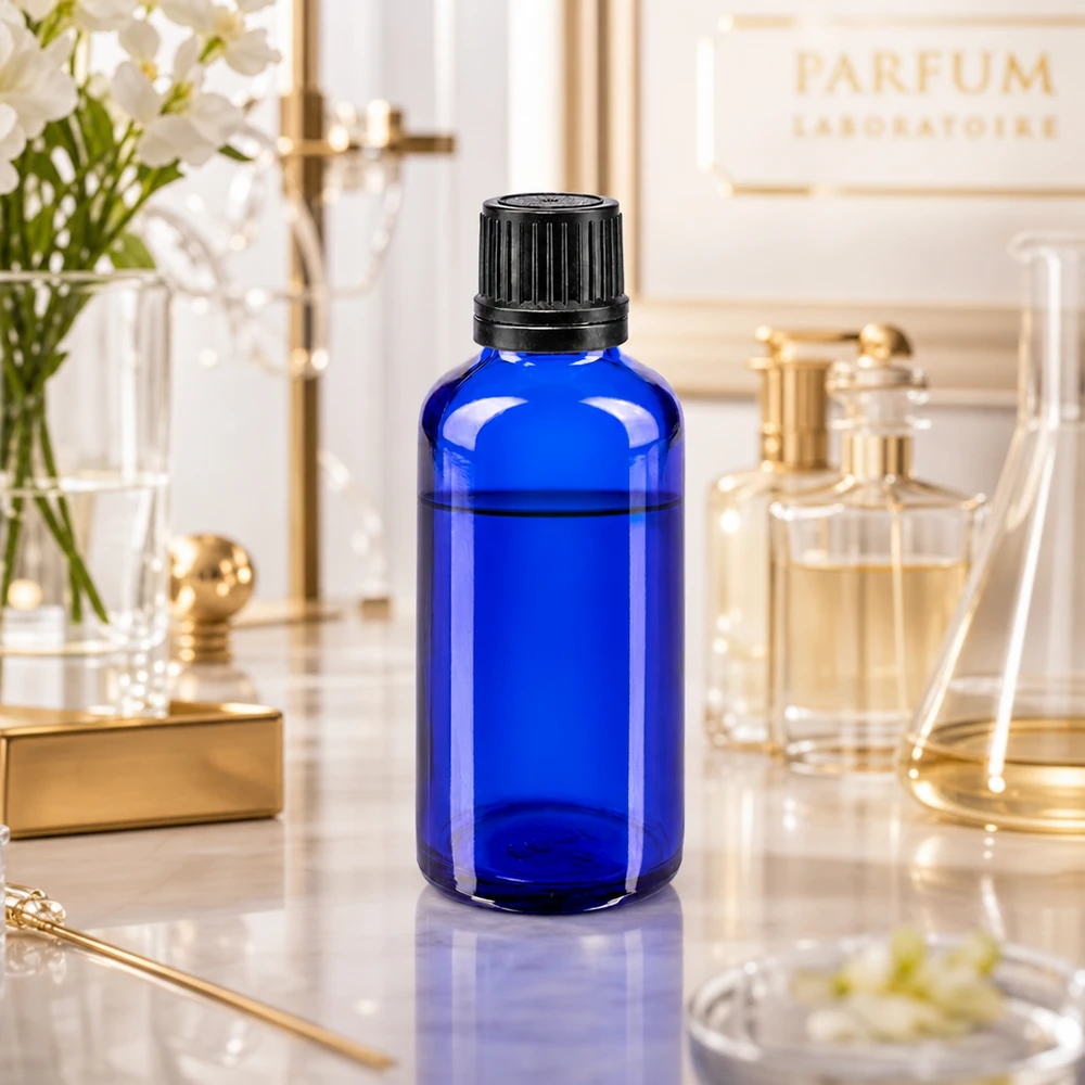 Flacon à pharmacie bleu 50ml bouchon inviolable 1mm noir bouchon d'inviolabilité Flacon en verre d'apothicaire bleu cobalt de 50 ml avec bouchon compte-gouttes noir, inspiré des flacons de parfum dorés