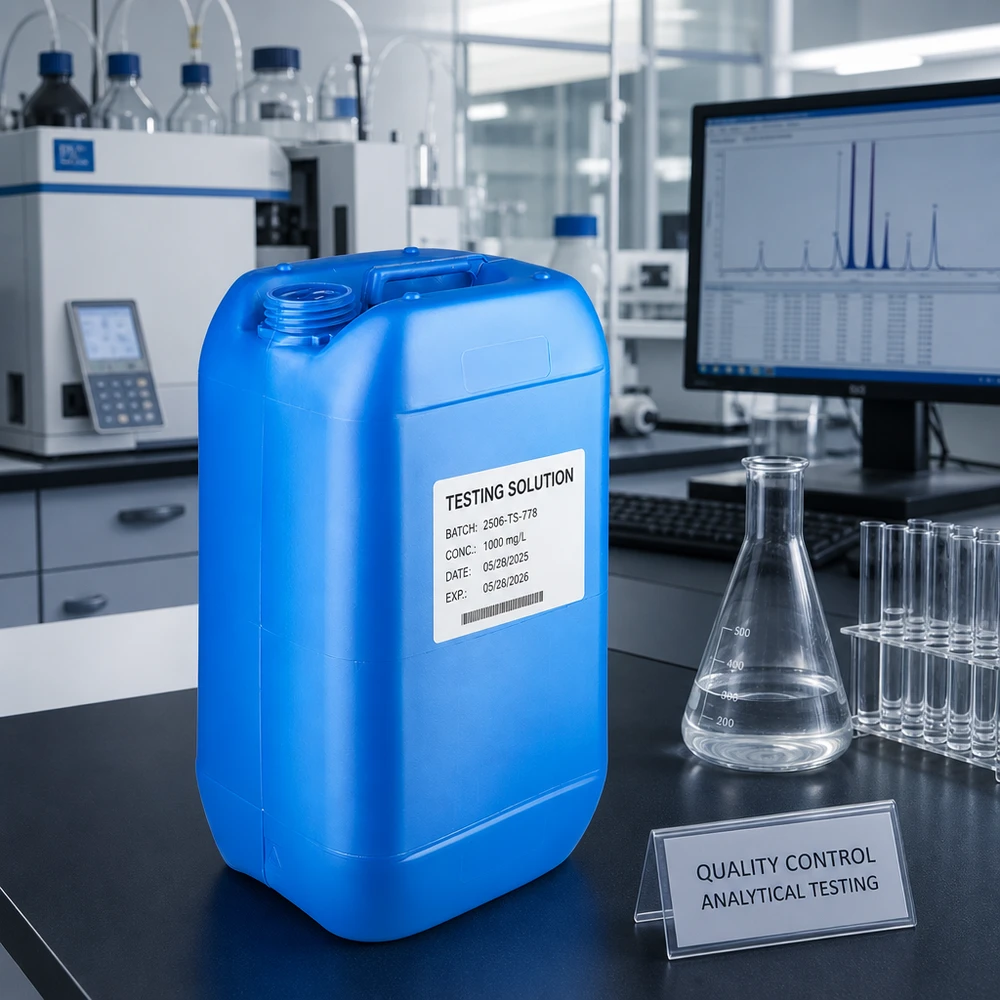 Bidon 15 litres bleu sans bouchon Bidon bleu en PEHD de 15 L sans couvercle, à côté de flacons d'Erlenmeyer et de tubes à essai dans un laboratoire