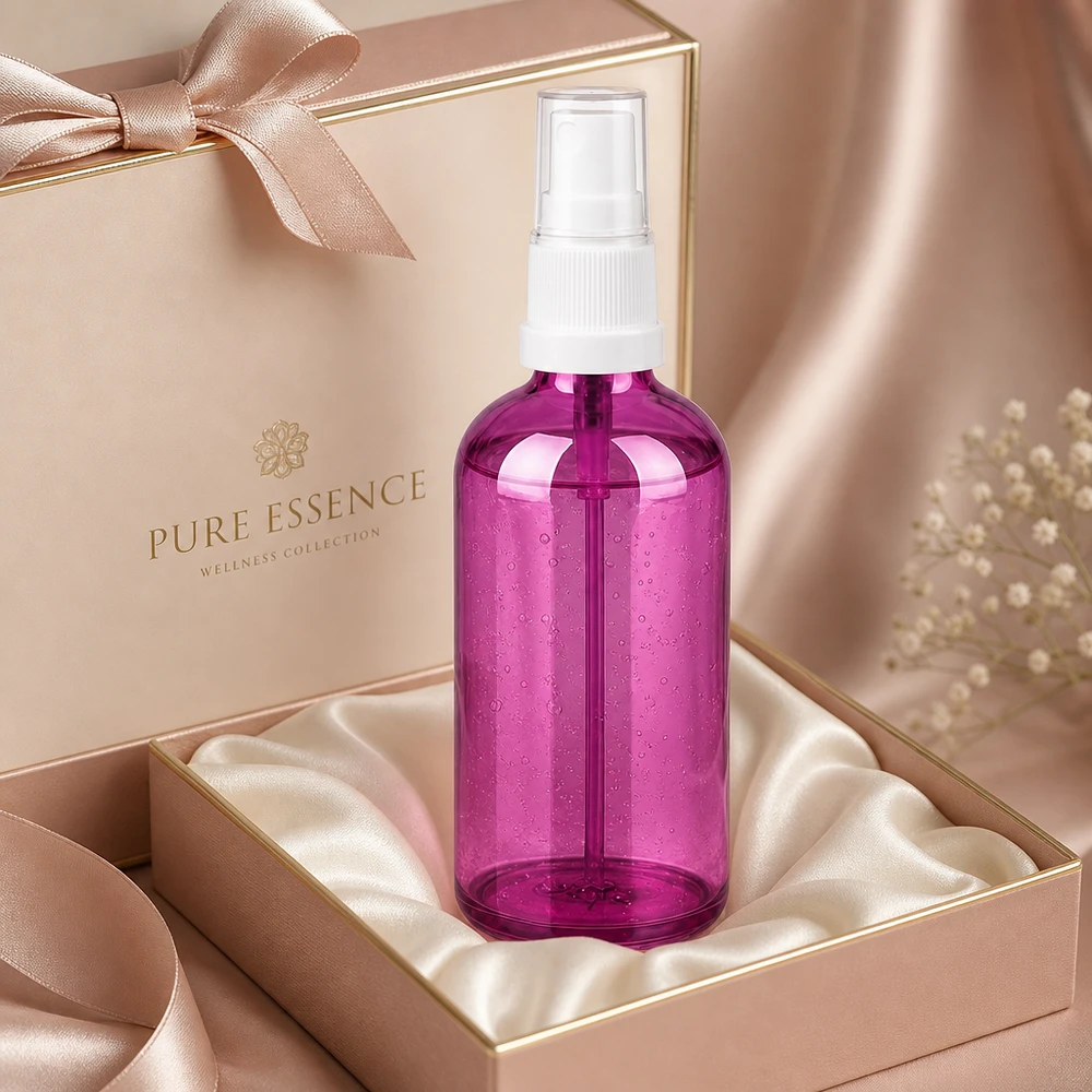 Elégant flacon cosmétique 100ml avec embout vaporisateur idéal pour les voyages et les déplacements en Purple Line