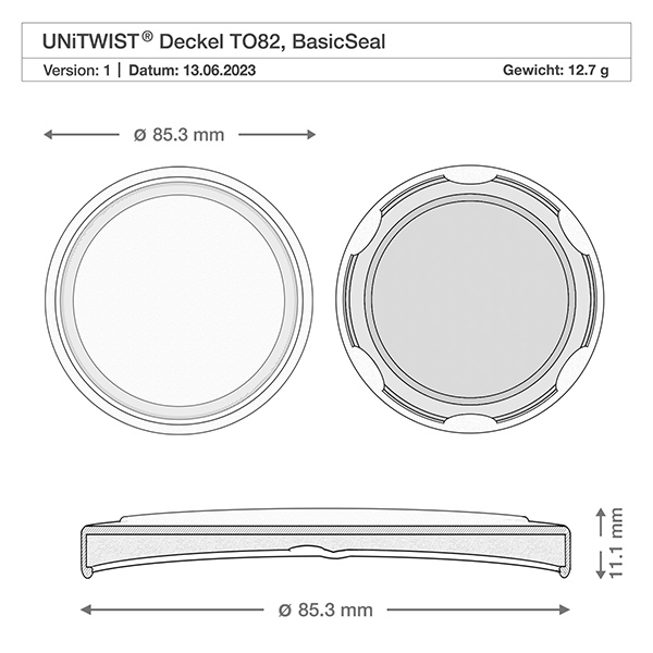 230ml Verre cylindrique avec couvercle BioSeal noir UNiTWIST Dessin technique du couvercle blanc BioSeal T082 avec les dimensions 85,3mm de diamètre et 11,1mm de hauteur
