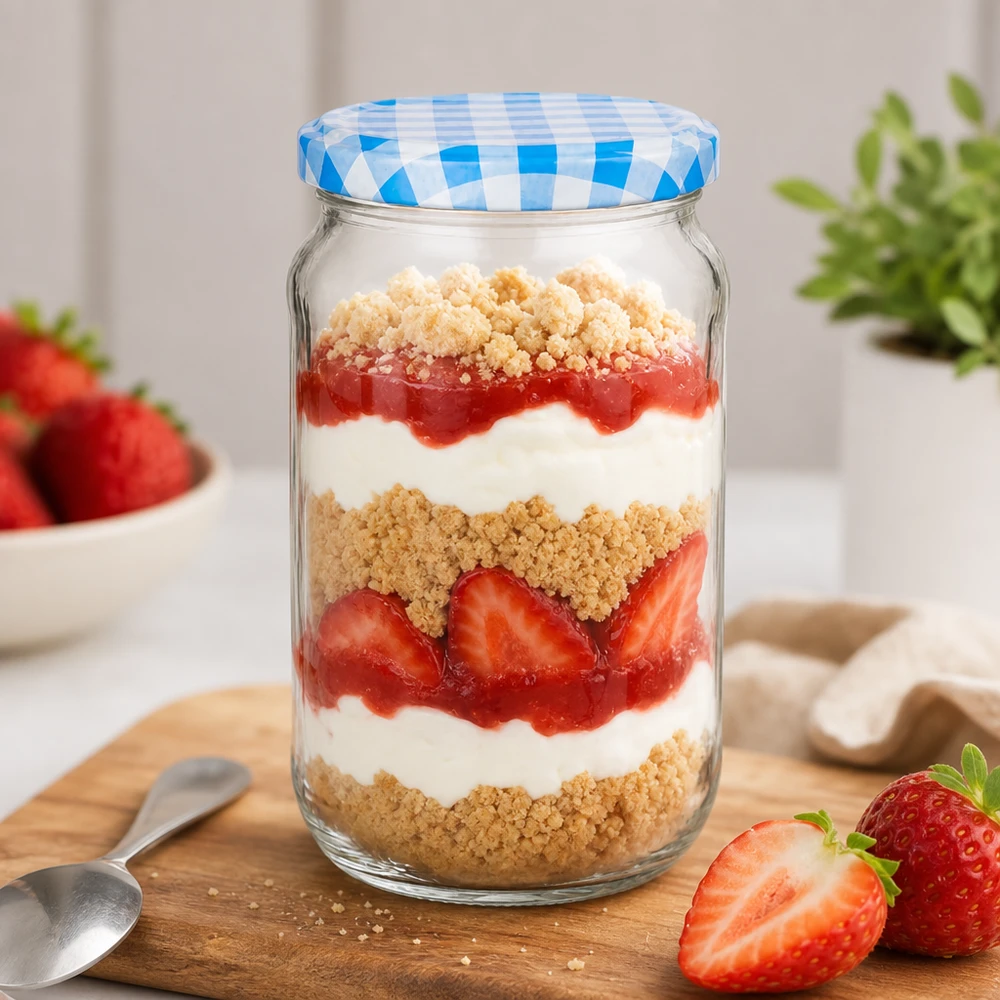 Verre rond de 1062ml comme verre à dessert avec stratification de fraises et de crème, BasicSeal couvercle bleu-blanc à carreaux