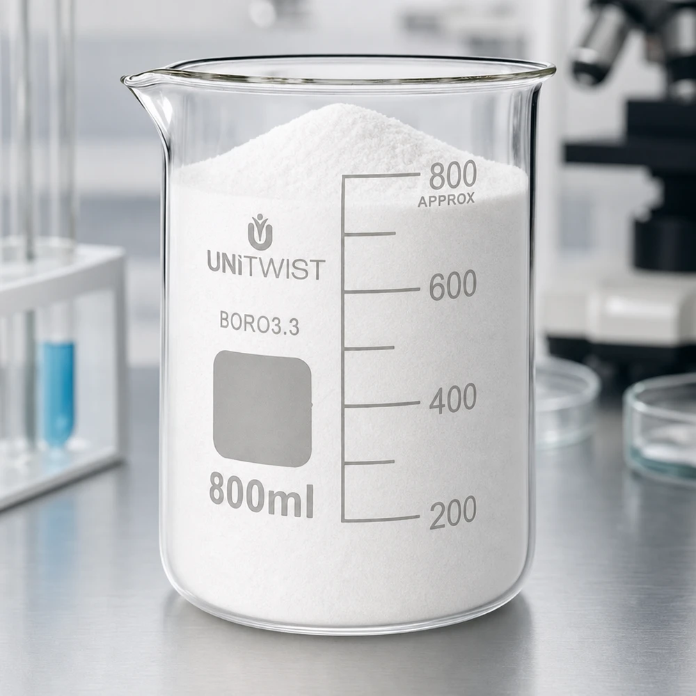 Poudre blanche dans un bécher de laboratoire UNiTWIST de 800 ml en borosilicate, de forme basse, posé sur une table en acier