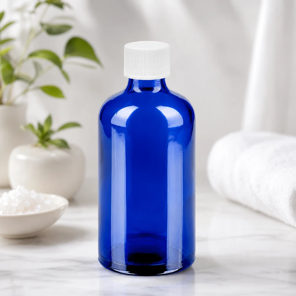 Flacon 100ml 11mm SV blanc STD BlueLine UT18/100 Bouteille en verre premium de 100 ml d'un bleu éclatant avec un bouchon blanc ergonomique pour une utilisation facile