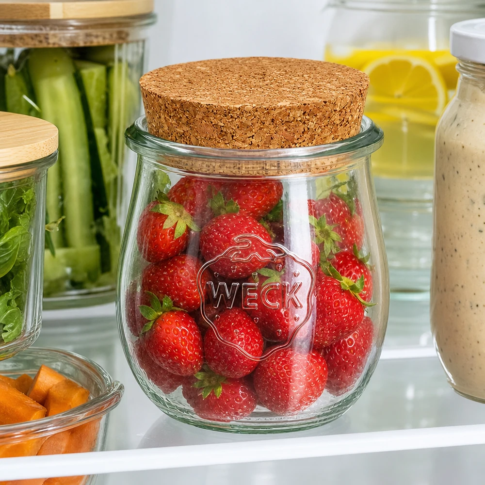 WECK Pot tulipe 220ml avec couvercle en liège pour conserver les fraises fraîches au réfrigérateur parmi d'autres bocaux de stockage