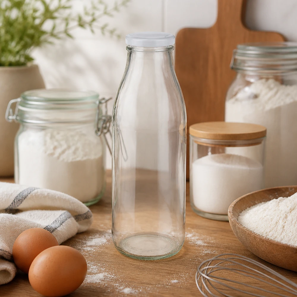 500ml Bouteille avec couvercle BasicSeal blanc UNiTWIST Bouteille en verre de 500 ml BasicSeal blanc dans la cuisine avec les ingrédients de la farine, les œufs et les ustensiles de cuisine Ambiance pâtisserie