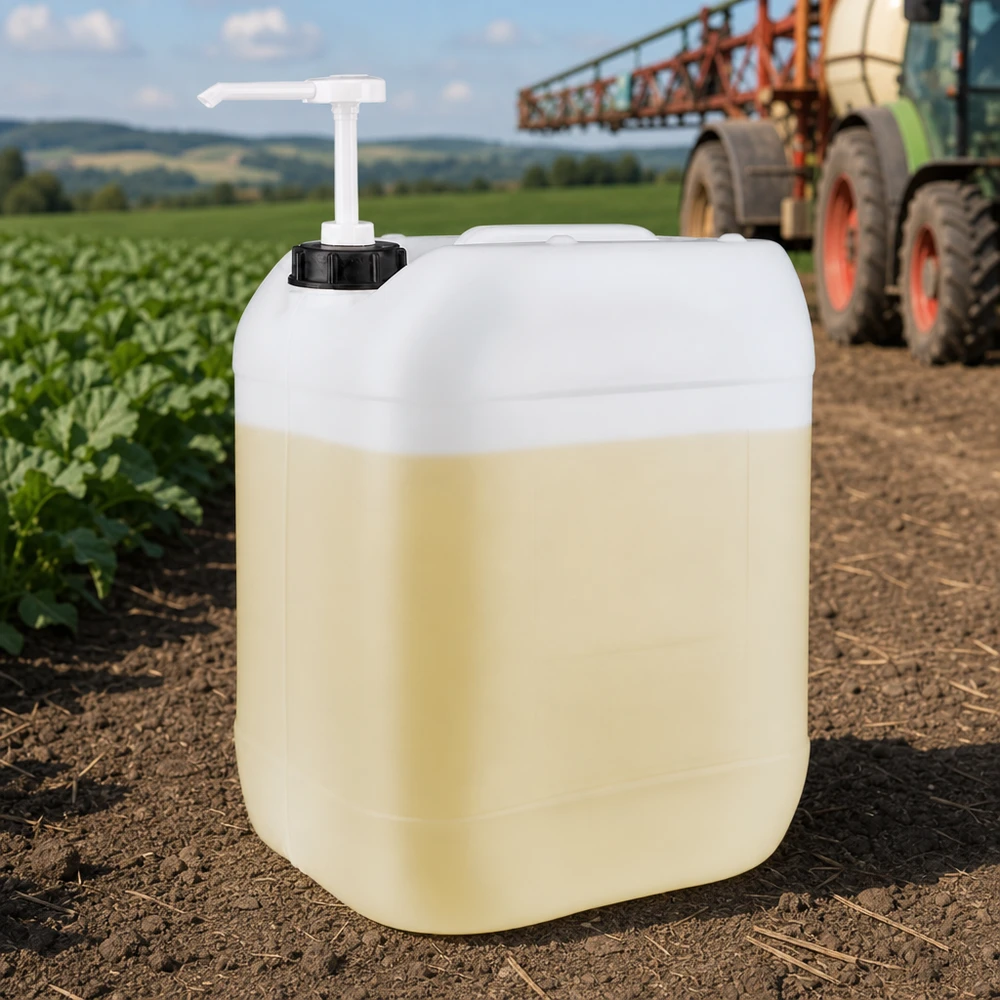 Jerrican de 20 litres avec pompe doseuse Bidon rectangulaire en plastique de 20 litres, à moitié rempli d'un liquide jaunâtre et muni d'une pompe blanche