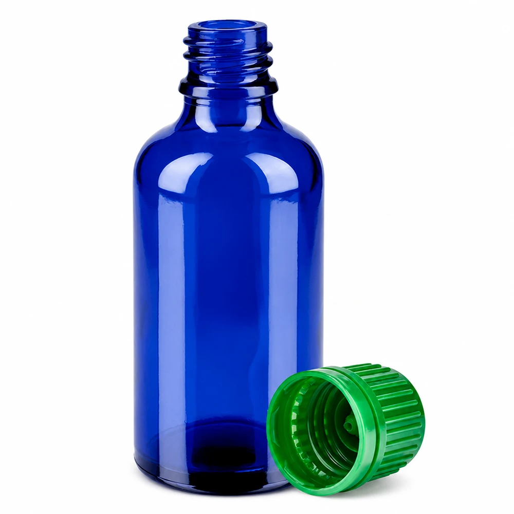 Flacon 50ml 11mm SV vert OV BlueLine UT18/50 Bouteille en verre bleu de haute qualité de 50 ml avec protection UV et bouchon à vis vert pratique