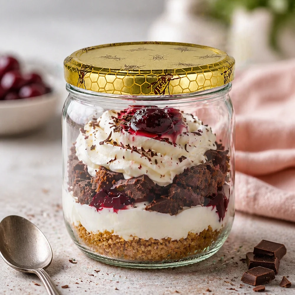 Pot de miel de 500g comme verre à dessert pour trifle chocolat-cerise avec crème et couvercle doré en nid d'abeille