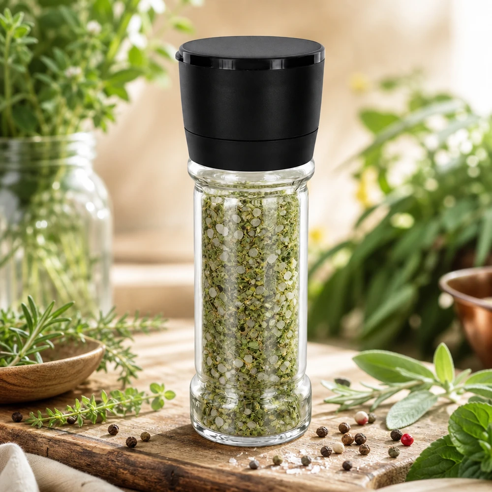 Pot à sel/épices 100 ml avec moulin Vario noir Pot à sel aux herbes de 100 ml avec moulin Vario noir, rempli d'herbes vertes, sur une planche en bois