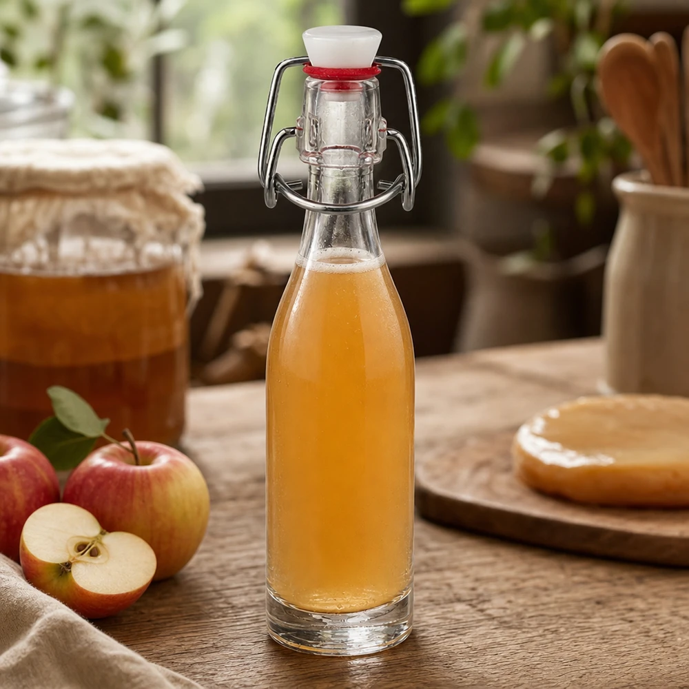 Bouteille en verre de 50 ml + bouchon mécanique PVC UNiTWIST Bouteille en verre de 50 ml avec bouchon à étrier remplie de jus de pomme à côté de pommes fraîches sur une table en bois rustique