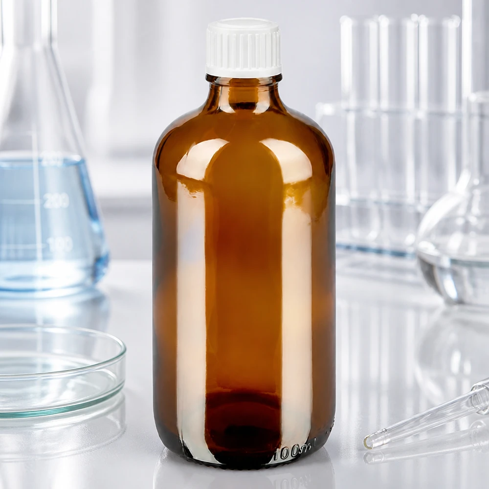 Flacon médical de 100 ml en verre brun anti-UV, muni d'un bouchon doseur blanc, destiné aux applications de laboratoire