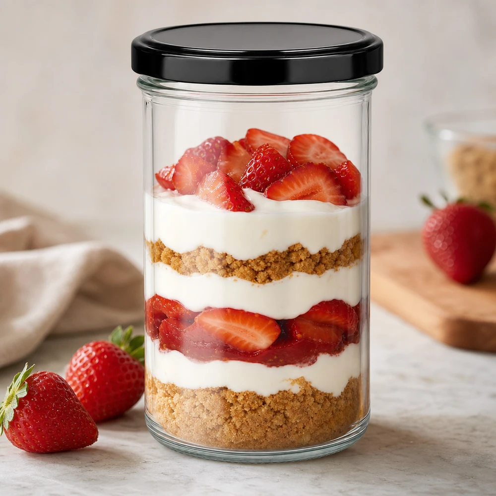 Verre renversé de 277ml pour le tiramisu aux fraises avec couvercle BasicSeal noir Dessert en verre