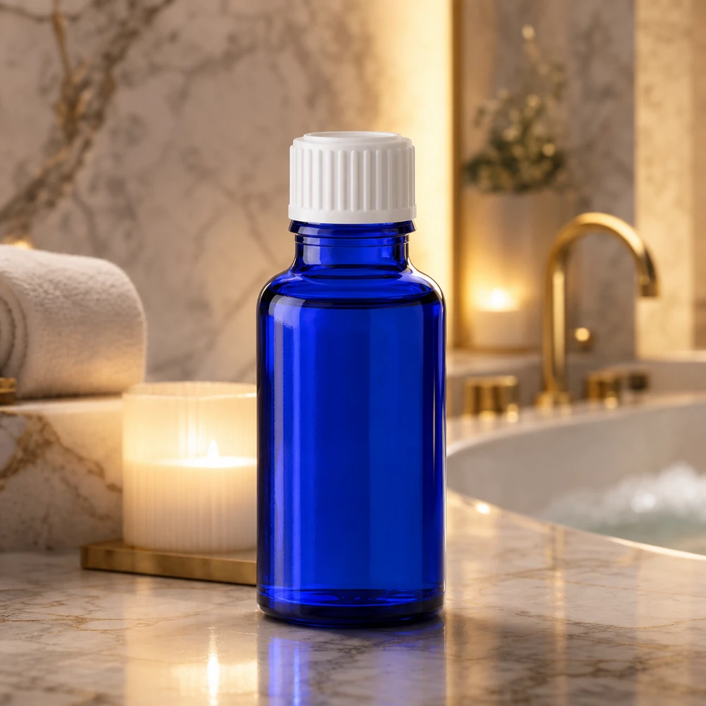 Flacon à pharmacie bleu 20ml bouchon à vis blanc standard Flacon de pharmacie bleu SV Standard de 20 ml, blanc, 11 mm, à côté de bougies et d'une baignoire